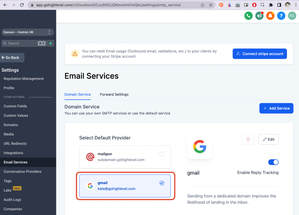 GoHighLevel email services SMTP configuration