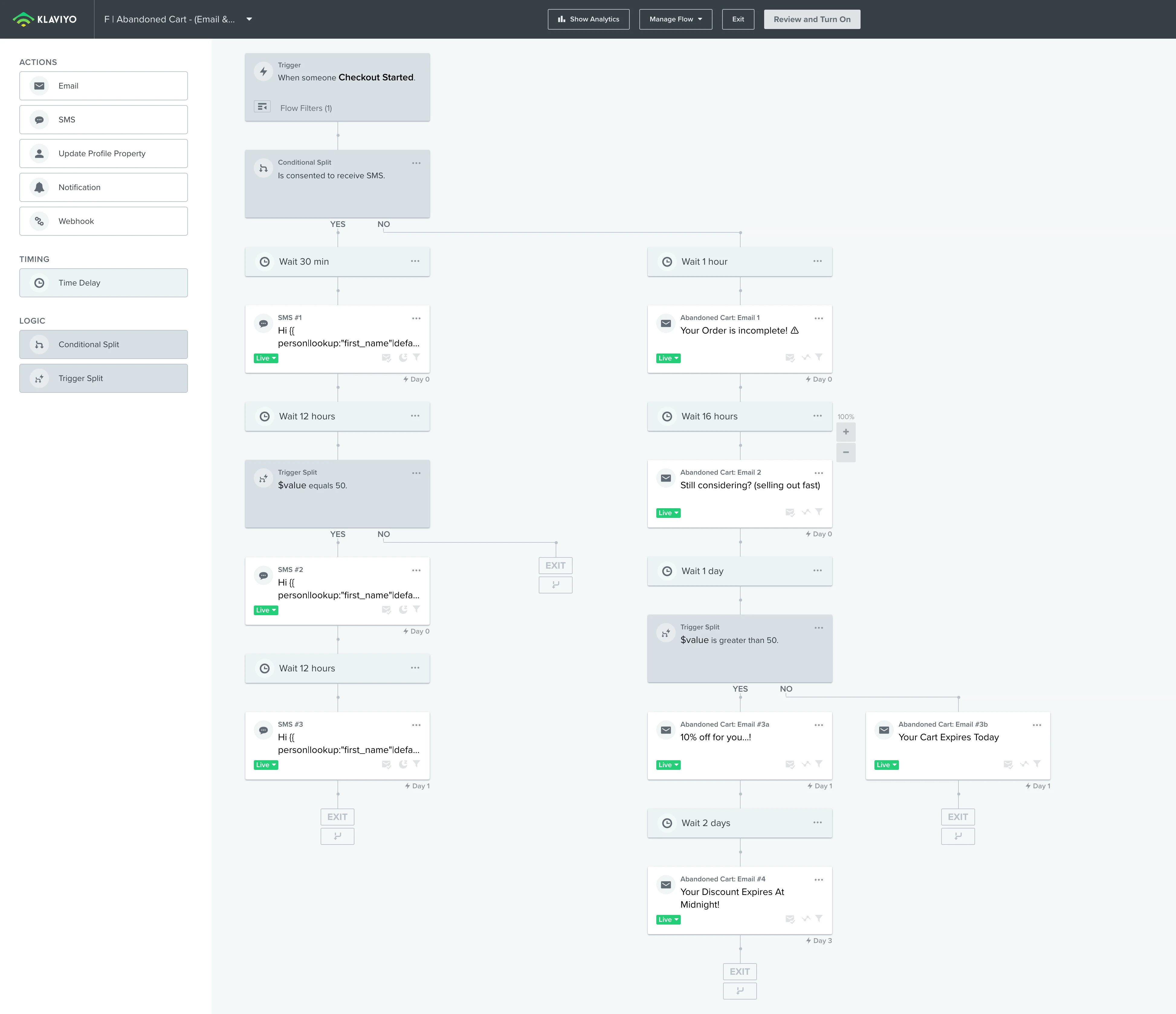 Klaviyo abandoned cart email and SMS automation flow