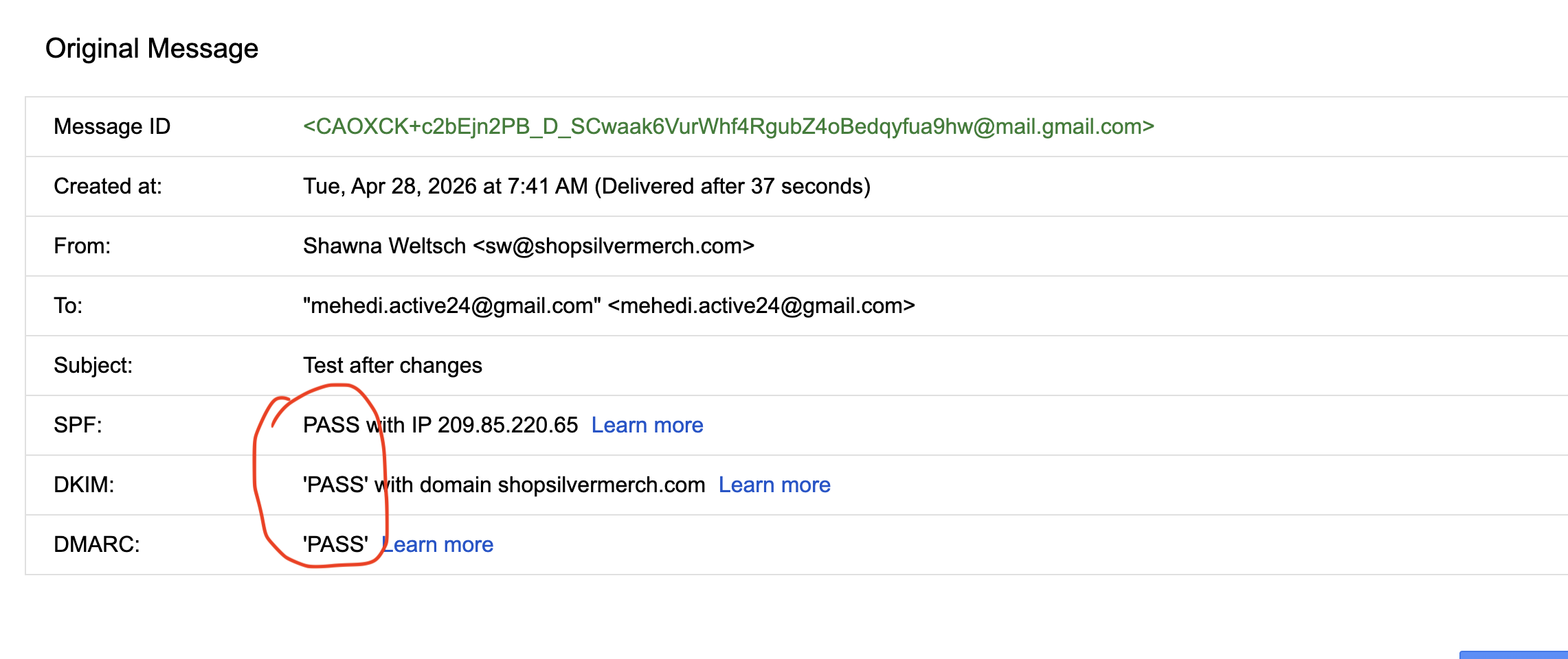 After: SPF PASS DKIM PASS DMARC PASS